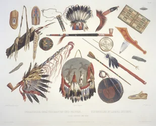 Indiase gebruiksvoorwerpen en wapens, gegraveerd door Du Casse, gepubliceerd in 1841